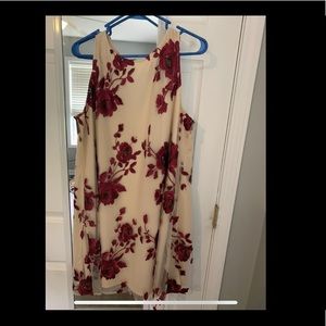 Beige and Maroon floral print dress.